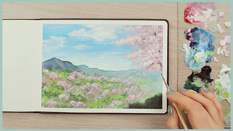 آموزش نقاشی منظره شکوفه های بهاری با اکریلیک